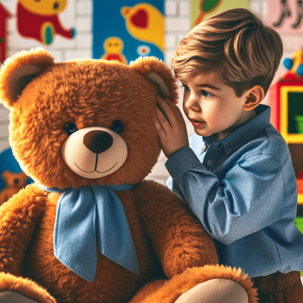 An Image Of A Young Boy Looking In The Ear Of A Big Brown Teddy Bear Min