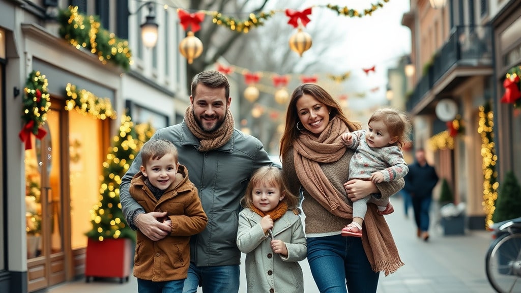 parents walking with their kids down a holiday dwcorated street